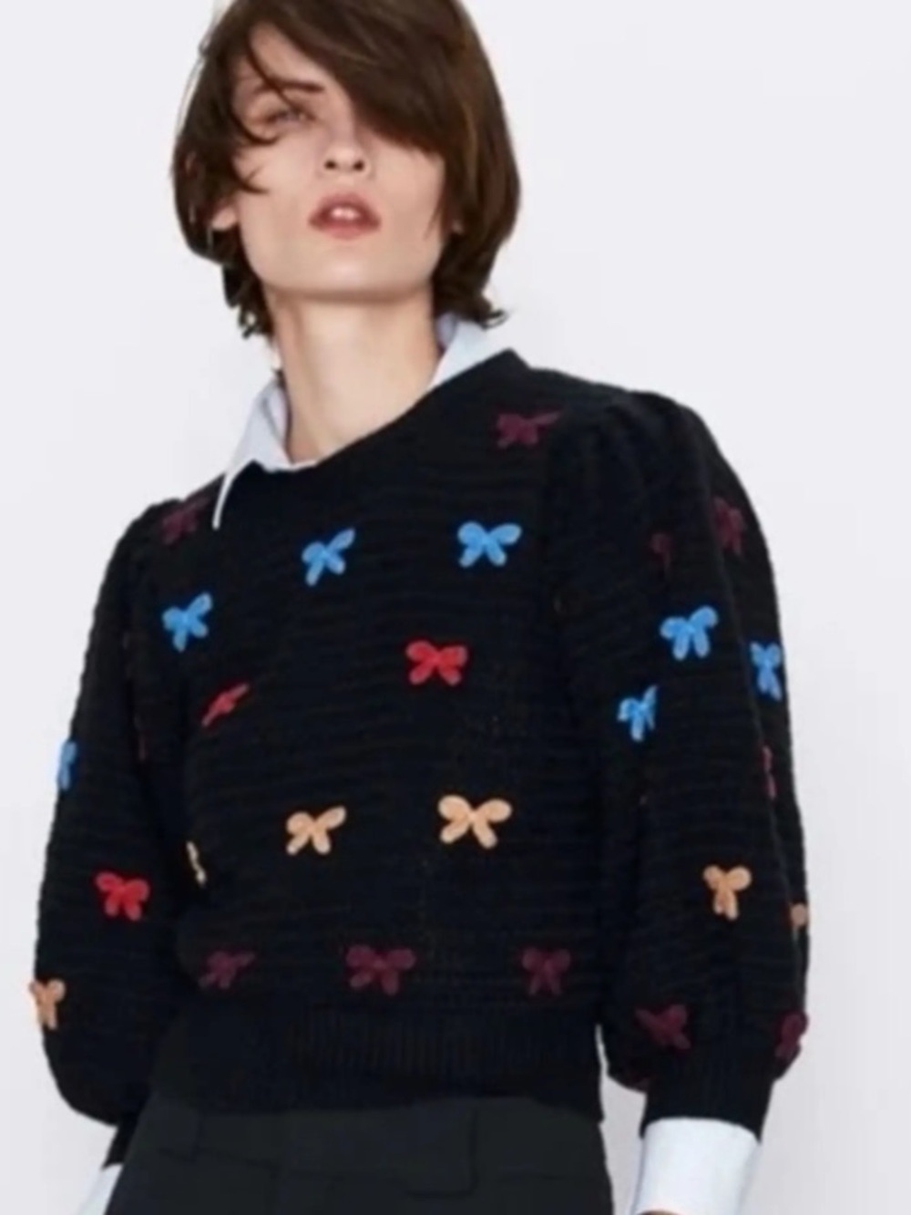 Zara black bow sweater featuring colorful embroidered bows